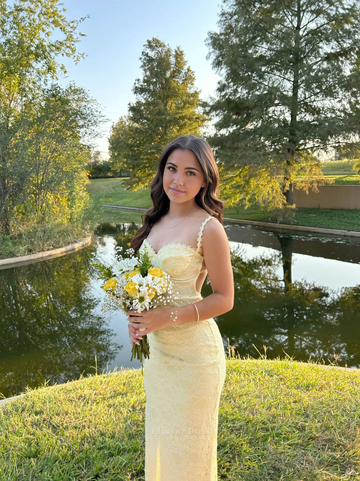 Sheath Spaghetti Straps Lace Light Yellow Long formal dresses Bridesmaid Dresses evening gown Prom Dress